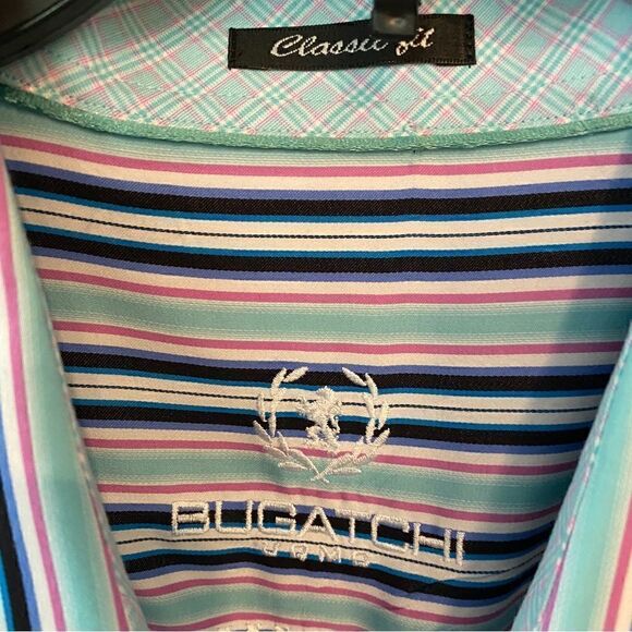 Bugatchi Sz XL* Seafoam Green Navy Blue Stripes Plaid Flip Cuffs Dress Shirt - Picture 7 of 7